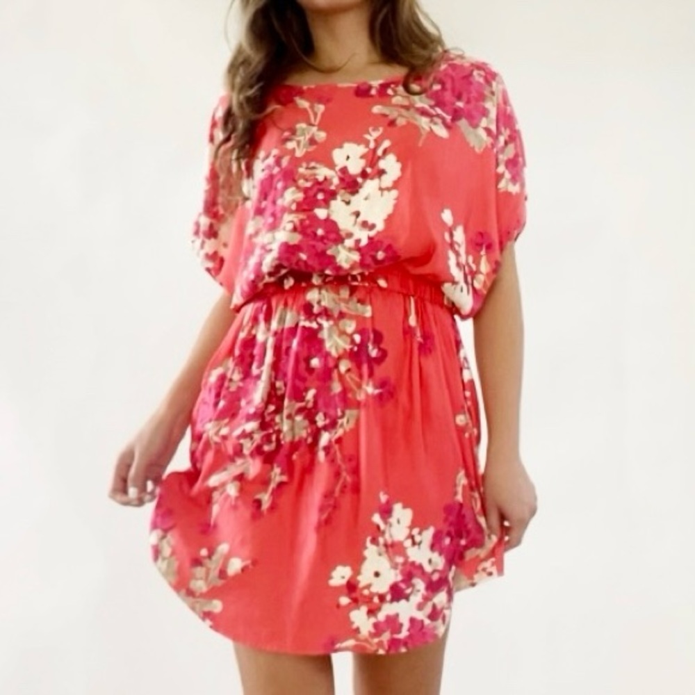 Express Floral Mini Skater Dress with Pockets Orange Pink White Multicolor XS